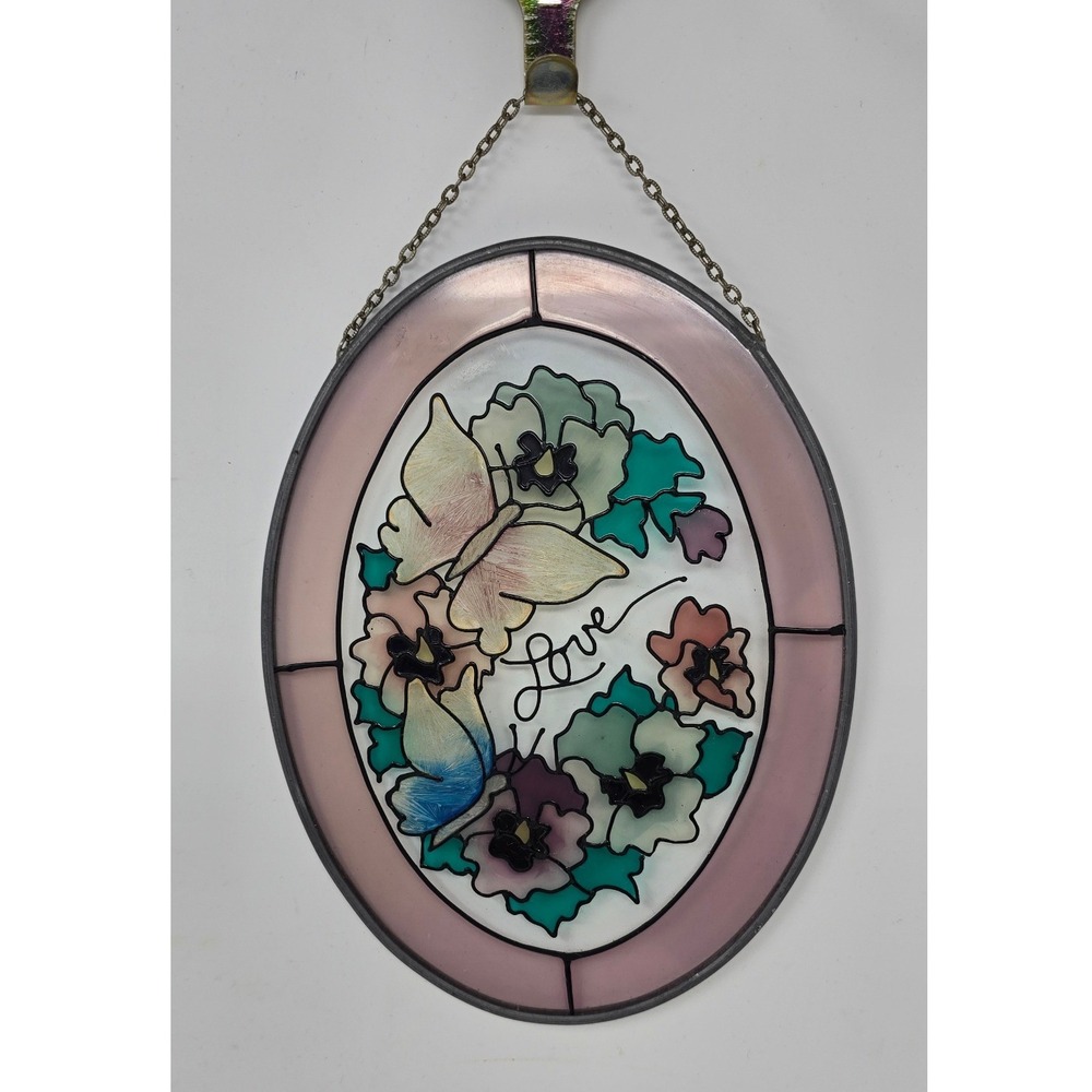 Vtg stained glass sun catcher hand painted multicolored butterfly floral Love